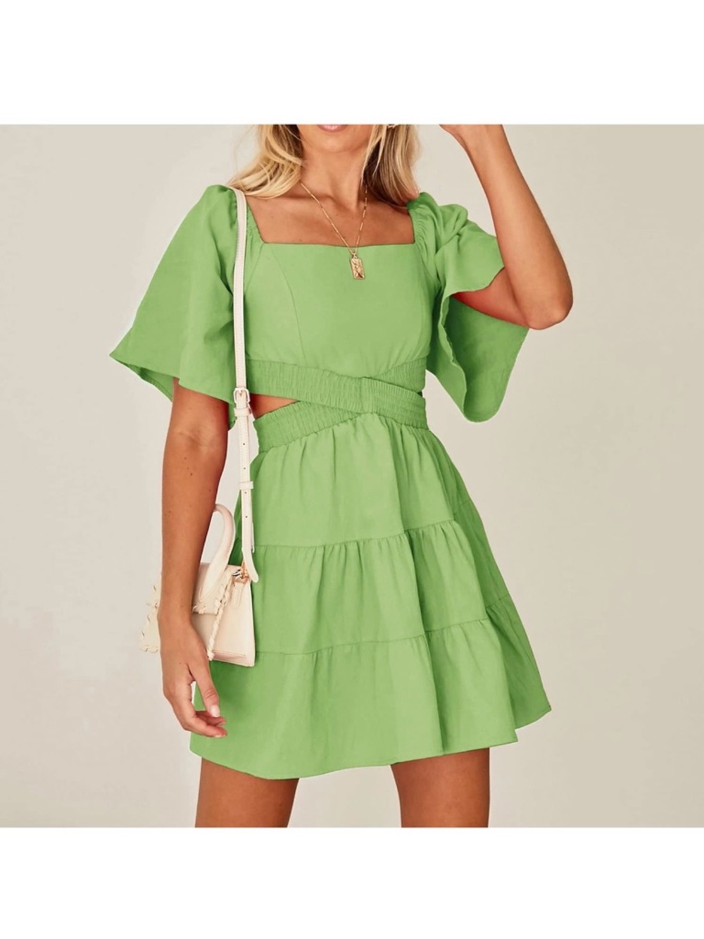 Casual Green Puff Sleeve Dress
